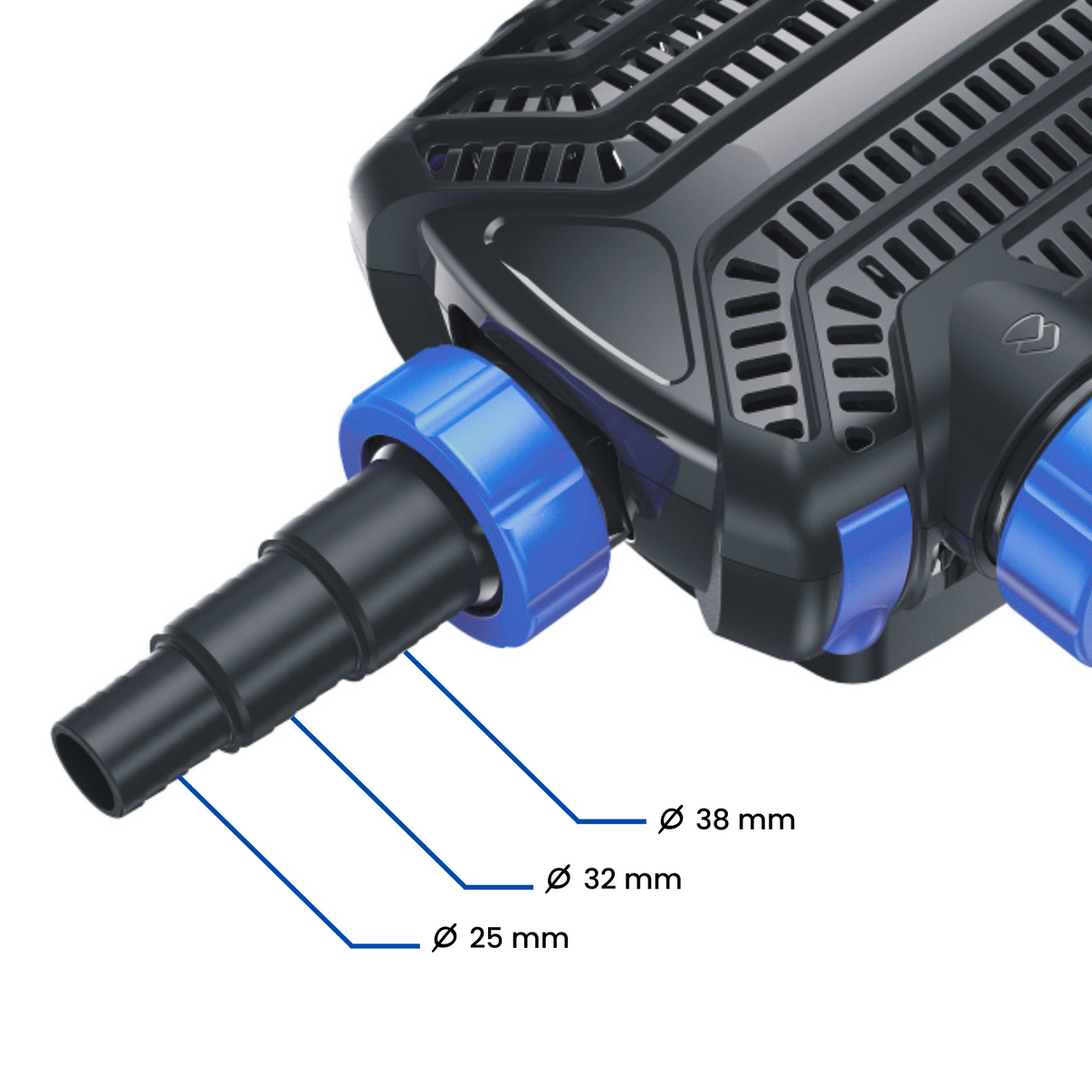 Afbeelding met verschillende slangtule formaten voor de BluFlow vijverpomp. Voor aansluitingen van vijverslang van 25mm, 23mm of 38mm